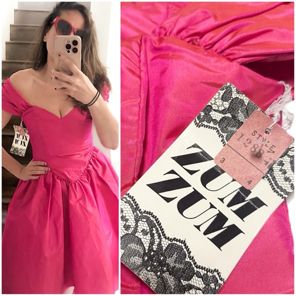 Vintage Dresses & Skirts - Deadstock Vintage 1980s Prom Dress Barbie Pink Colorshift Off-Shoulder Gown NWT